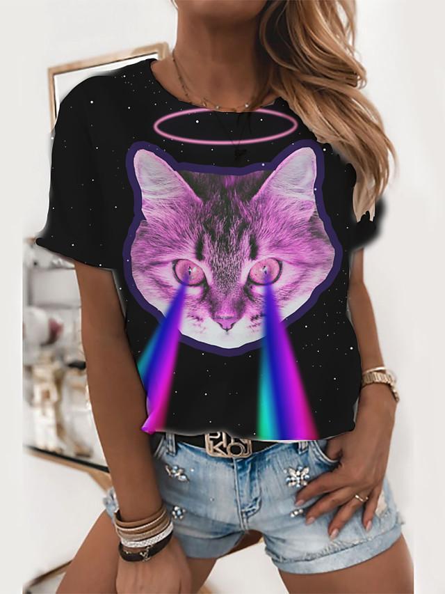 Women's T shirt Cat 3D Print Round Neck Tops Basic Basic Top Rainbow
