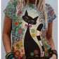 Women's T shirt Cat Graphic Print Round Neck Tops Basic Basic Top Green