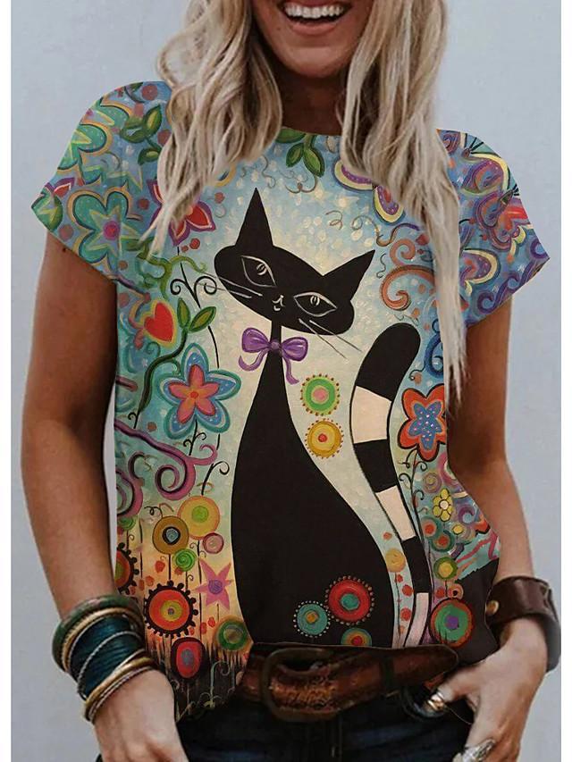 Women's T shirt Cat Graphic Print Round Neck Tops Basic Basic Top Green
