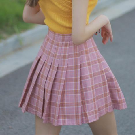 Cute Brown/Blue/pink Plaid Highwaisted Skirt SP178936 - Veooy