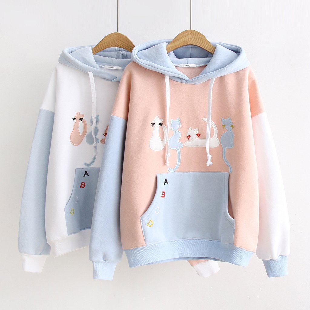 Cute Kawaii Cat Embroidery Hoodie Pullover SP1710563 - Veooy