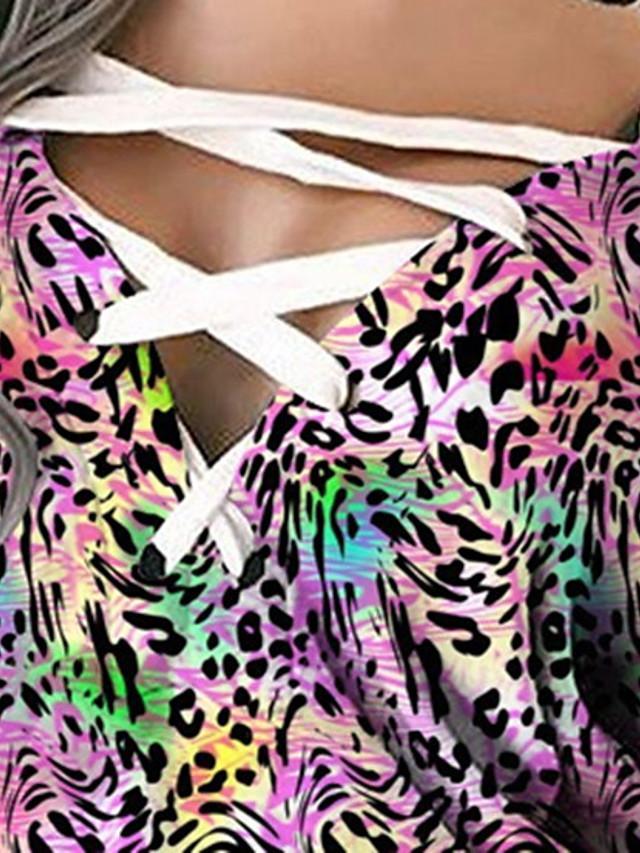 Women's Shift Dress Short Mini Dress Long Sleeve Print Lace up Patchwork Print Fall Winter Off Shoulder Plus Size Sexy Loose Rainbow S M L XL XXL 3XL-0222828