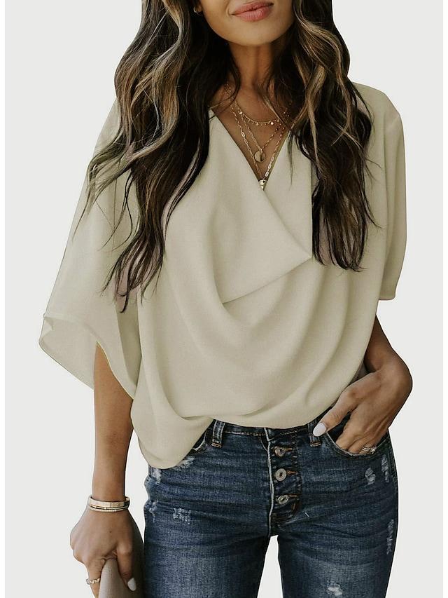 Womens Blouses and Tops Casual Summer Wrap V Neck Shirts Fashion Loose Tops White Large