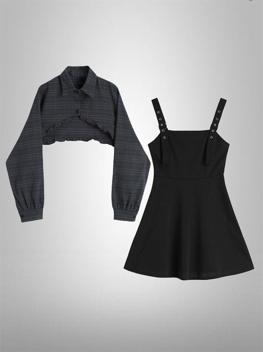 Punk Grey Top Black Dress Set