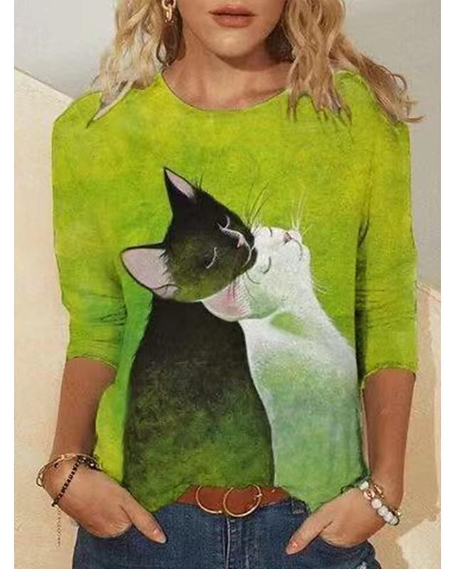 Women's T shirt Cat Animal Long Sleeve Print Round Neck Tops Basic Basic Top Green