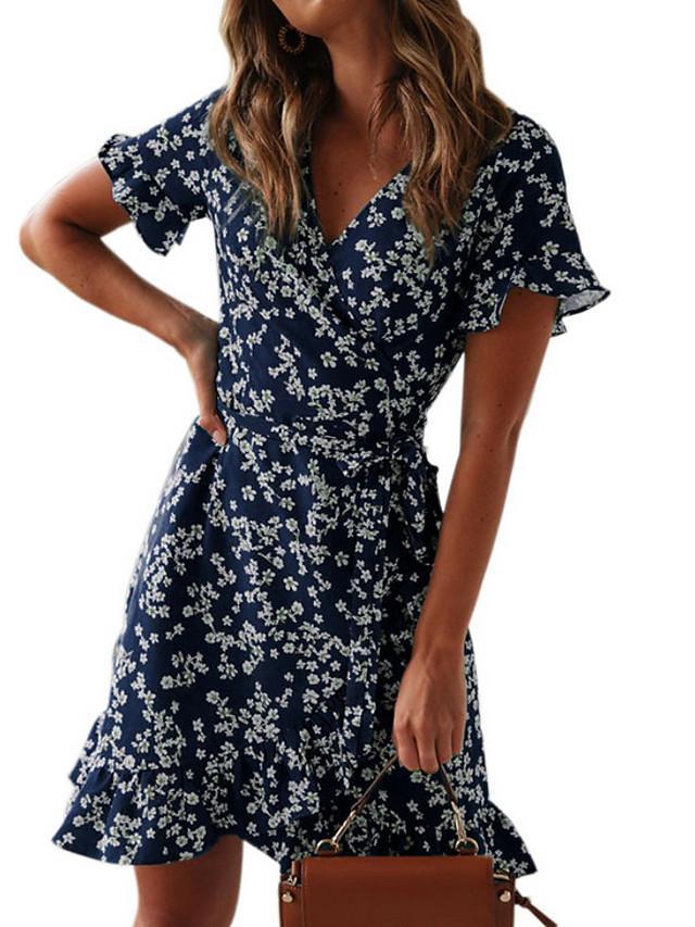 Women's Wrap Dress Short Mini Dress - Short Sleeve Floral Summer Deep V Hot Green Navy Blue S M L XL XXL