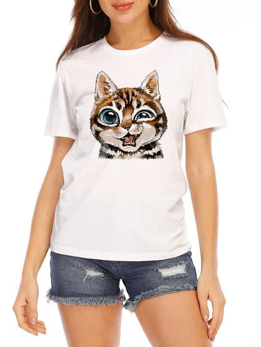 Women's T-shirt Cat Graphic Prints Printing Round Neck Tops Slim 100% Cotton Basic Top White
