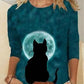 Women's T shirt Cat Long Sleeve Print Round Neck Tops Basic Basic Top Blue