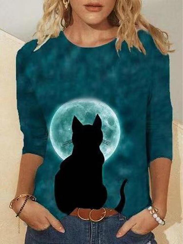 Women's T shirt Cat Long Sleeve Print Round Neck Tops Basic Basic Top Blue