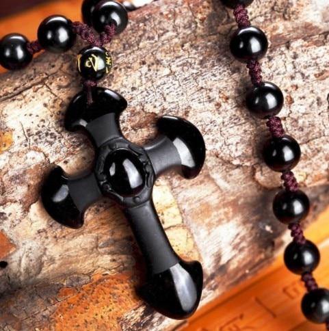 Carved Obsidian Cross Necklace - Veooy