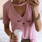Women's T-shirt Cat Cartoon Printing V Neck Tops Basic Top White Black Blushing Pink