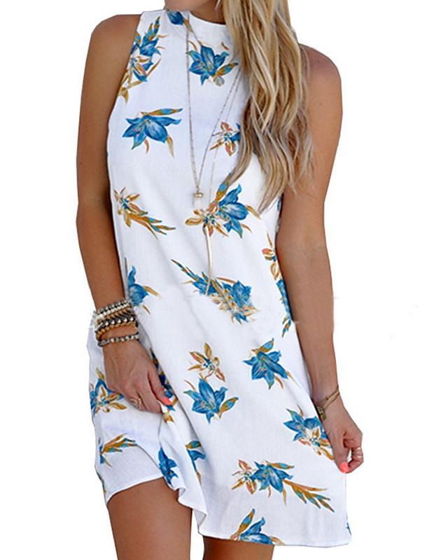 Women's Shift Dress Short Mini Dress - Sleeveless Floral Backless Print Summer Hot Casual Beach White Yellow Blushing Pink Light Blue S M L XL XXL 3XL 4XL 5XL-0218805