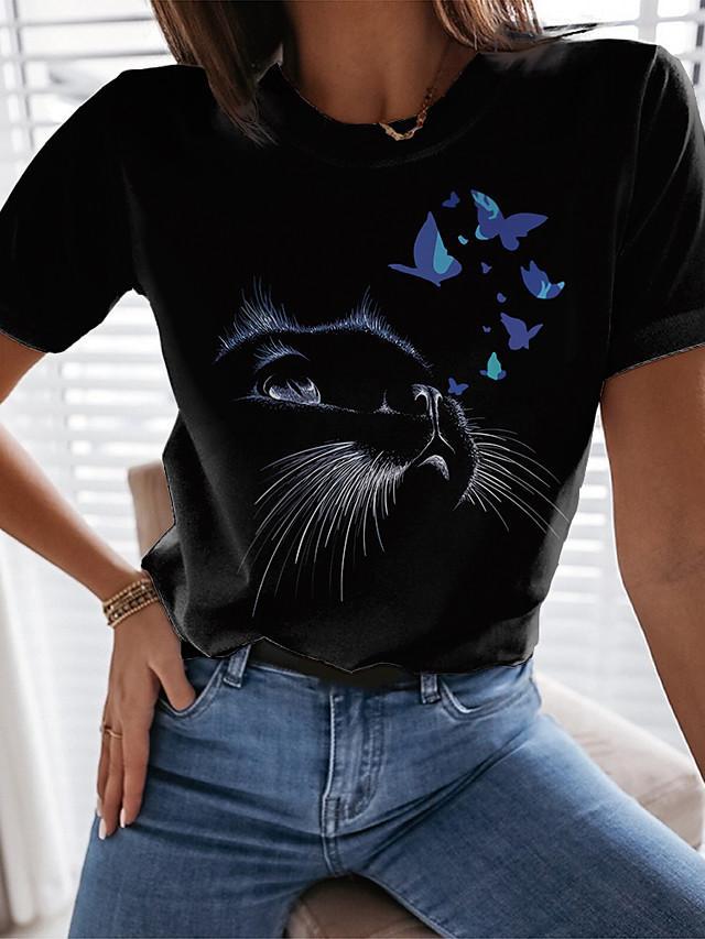 Women's T shirt Cat Graphic Print Round Neck Tops Basic Basic Top Black