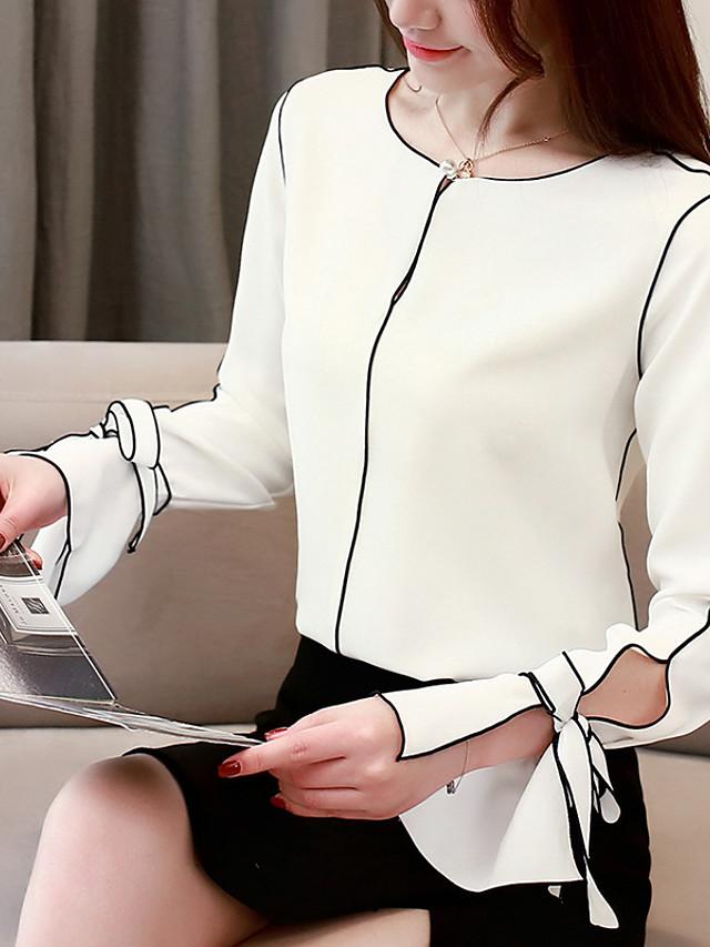 Women's Work Blouse Shirt Color Block Long Sleeve Patchwork Boat Neck Tops Chiffon Streetwear Basic Top White Black-827