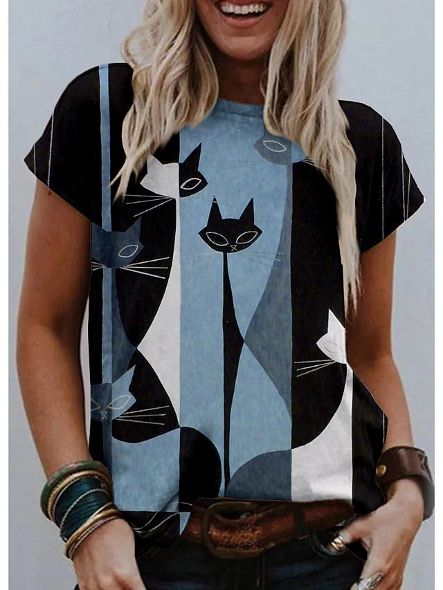 Women's T shirt Cat Graphic Print Round Neck Tops Basic Basic Top Blue