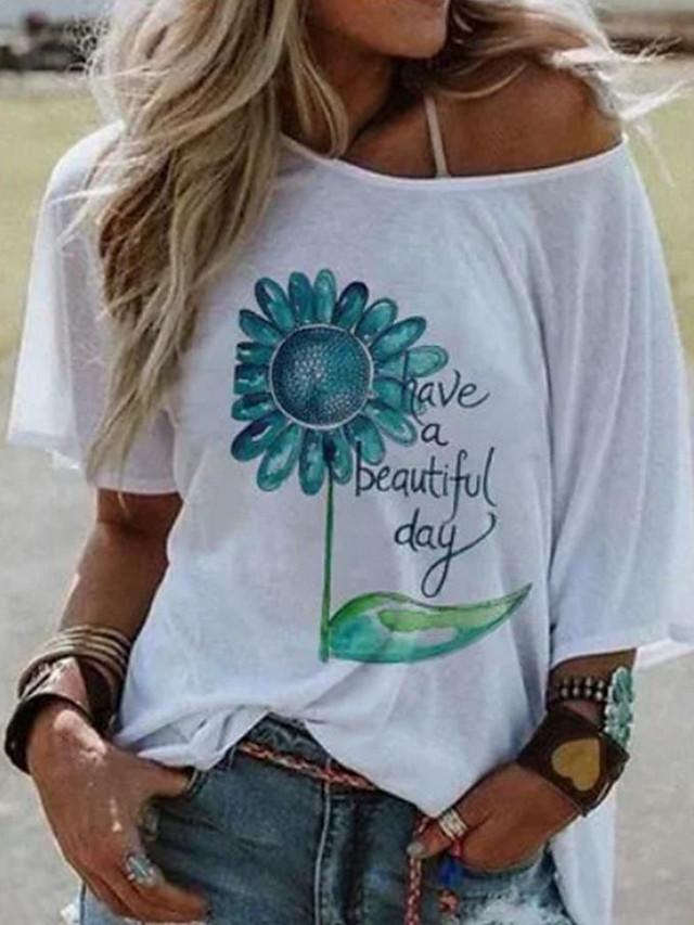 Women's T-shirt Floral Flower Round Neck Tops Basic Top White Yellow