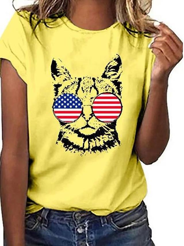 Women's T-shirt Cat Round Neck Tops Basic Top White Blue Red