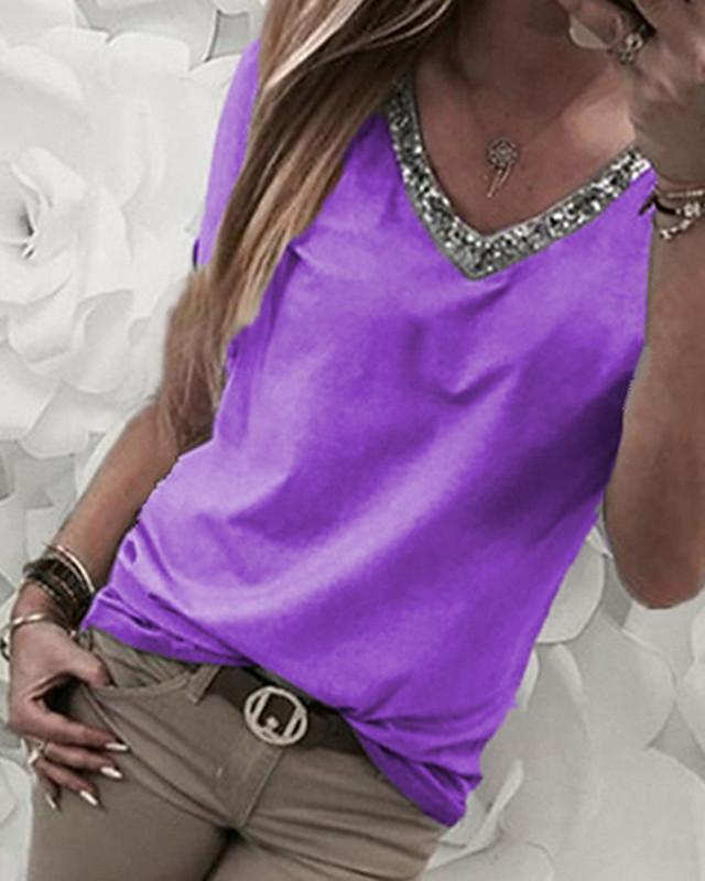 Women's T-shirt Color Block Patchwork Print V Neck Tops Loose Basic Top Black Blue Purple
