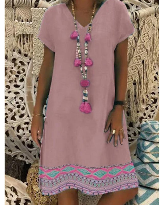 Women's Shift Dress Short Mini Dress - Short Sleeve Print V Neck Elegant Loose Blushing Pink Silver S M L XL XXL 3XL