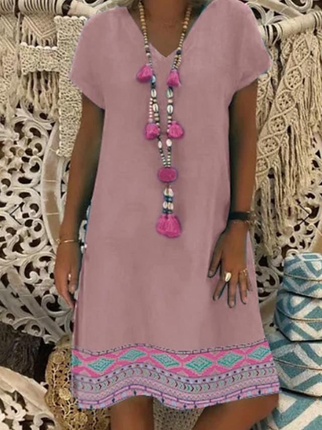 Women's Shift Dress Short Mini Dress - Short Sleeve Print V Neck Elegant Loose Blushing Pink Silver S M L XL XXL 3XL